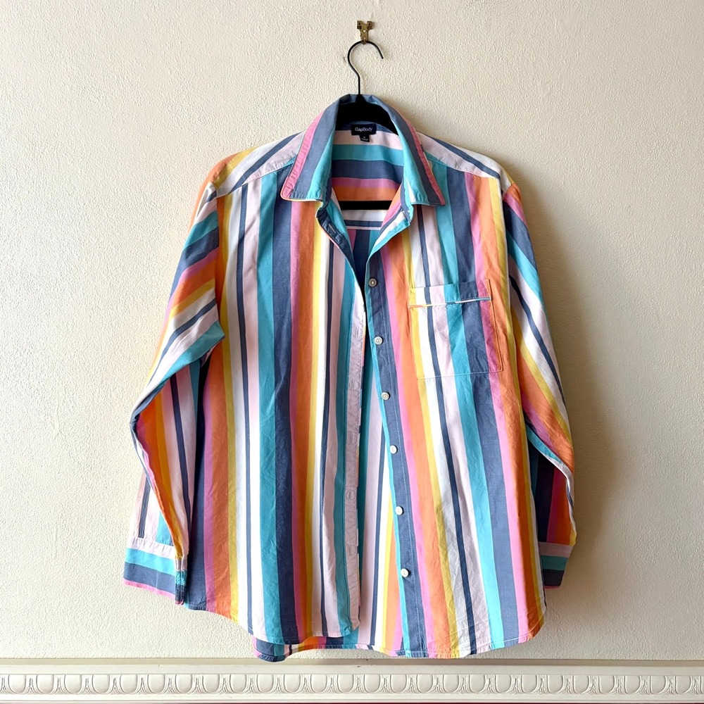 GapBody Poplin Top Multi Stripe Button Down Shirt S Relaxed Boyfriend Fit Casual - Picture 9 of 9